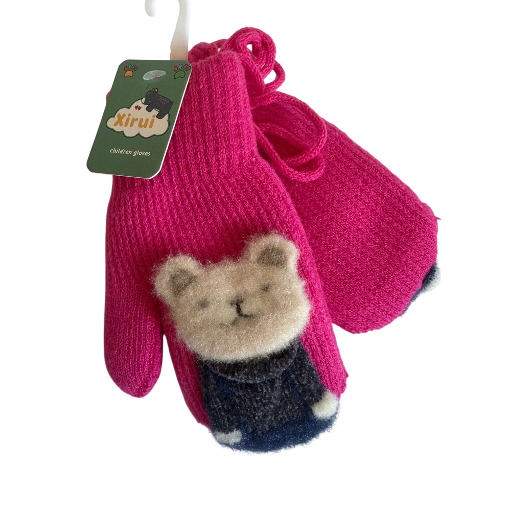 Toddler Kids Knit Mittens Hot Pink Bear Applique Winter Gloves with String NWT